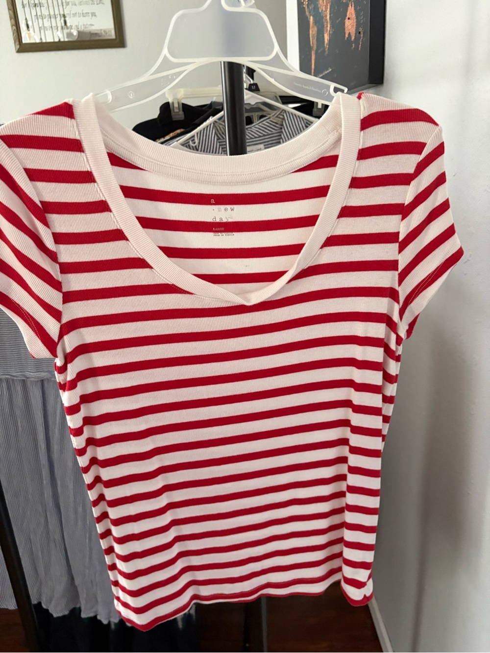 a new day Red & White Striped V-Neck Short Sleeve Tee